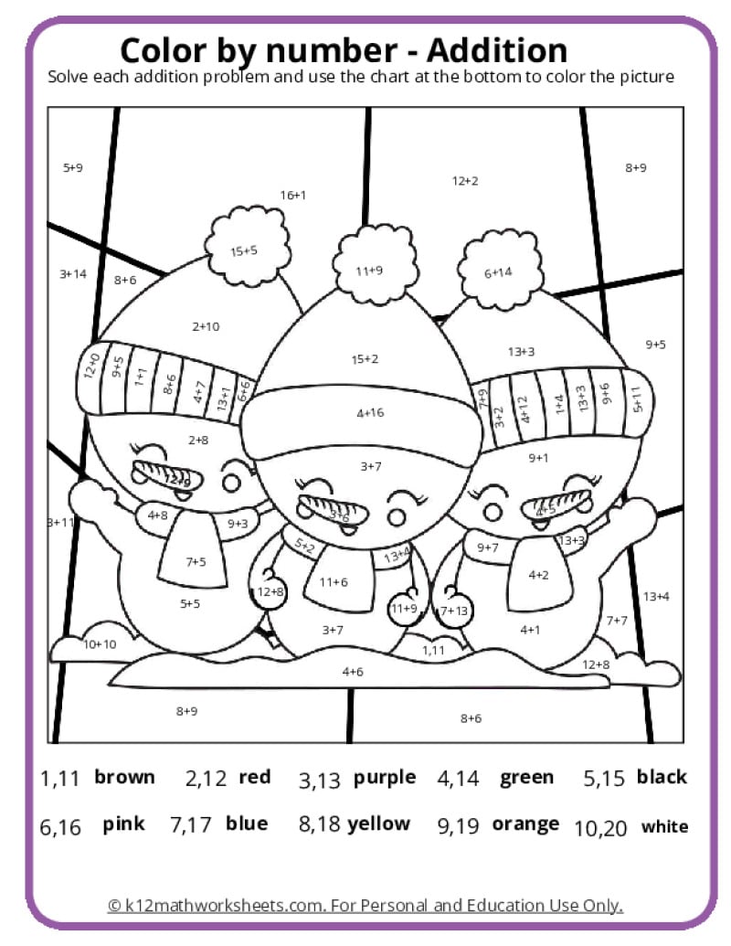 winter colornumber pages - k12 math worksheets
